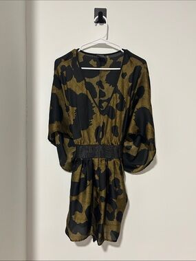 NOR Olive and Black Printed V-Neck Mini Dress